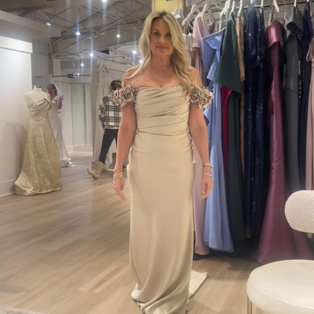 Tarik Ediz Gold Sequin Off-Shoulder Wedding Gown